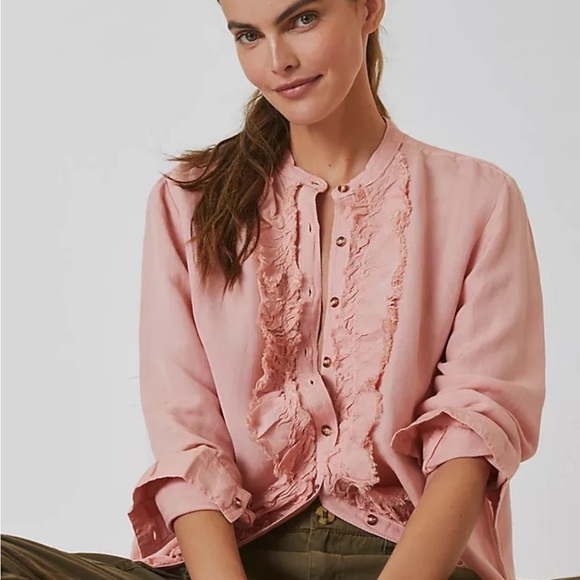 Anthropologie Pilcro Ruffled Placket Shirt Small Petite Cottagecore Prairie - Picture 1 of 6